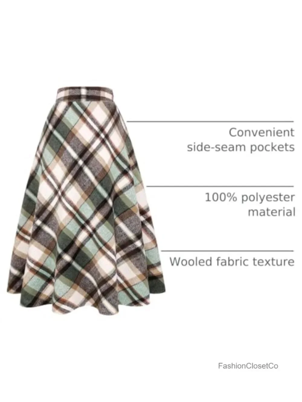 Women's High Waist A-Line Plaid Skirt Side Pockets Zipper Closure